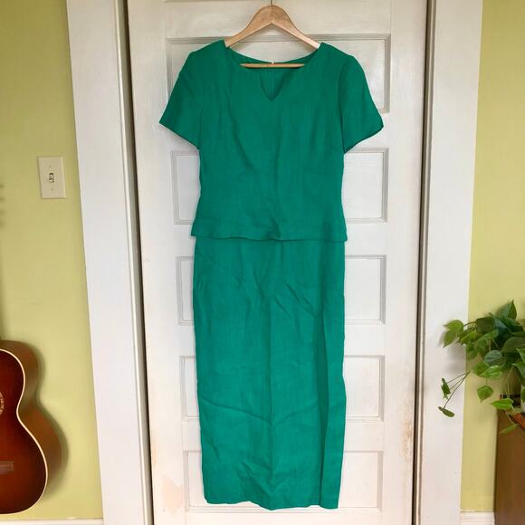 VTG Maggy London Green Short Sleeve Midi Dress 8 Modest Cottage Office 80s 90s - Picture 1 of 9